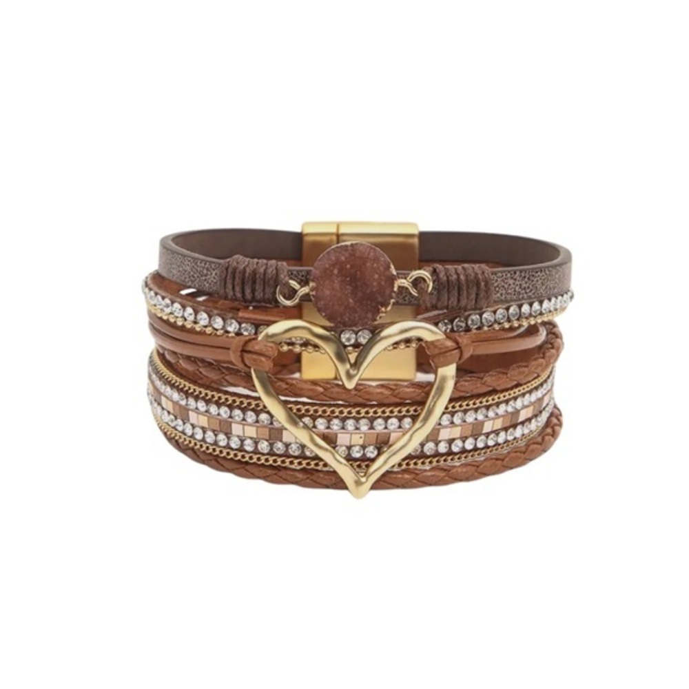 Bohemian Heart Buckle Bracelet Rhinestone Magnetic Closure One Size